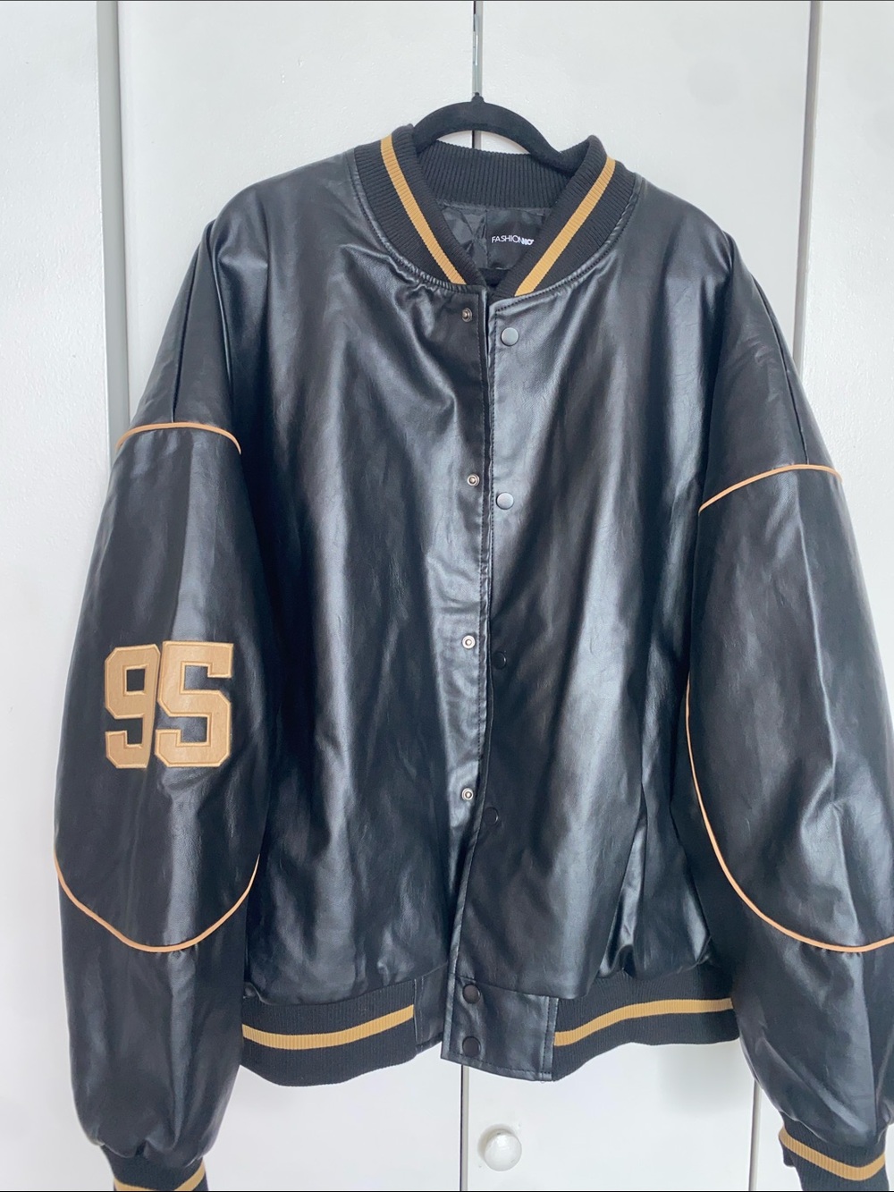 NWT Fashion Nova Black Varsity Faux Leather Jacket with Gold Trim - Picture 8 of 14